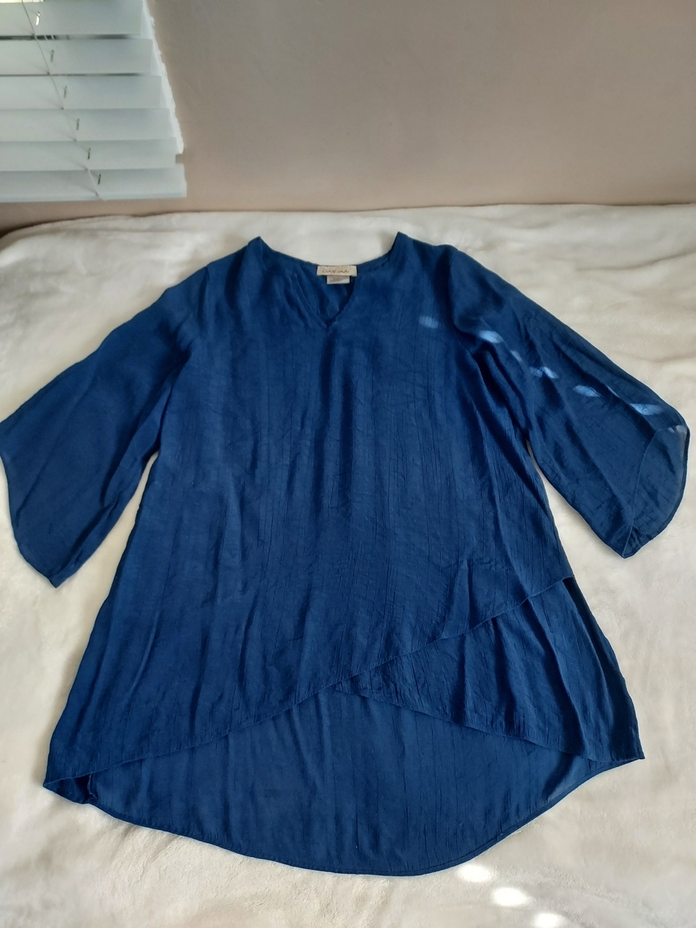 Davina Blue Layered V-Neck Chiffon Tunic Large Flowy Relaxed Fit Longline
